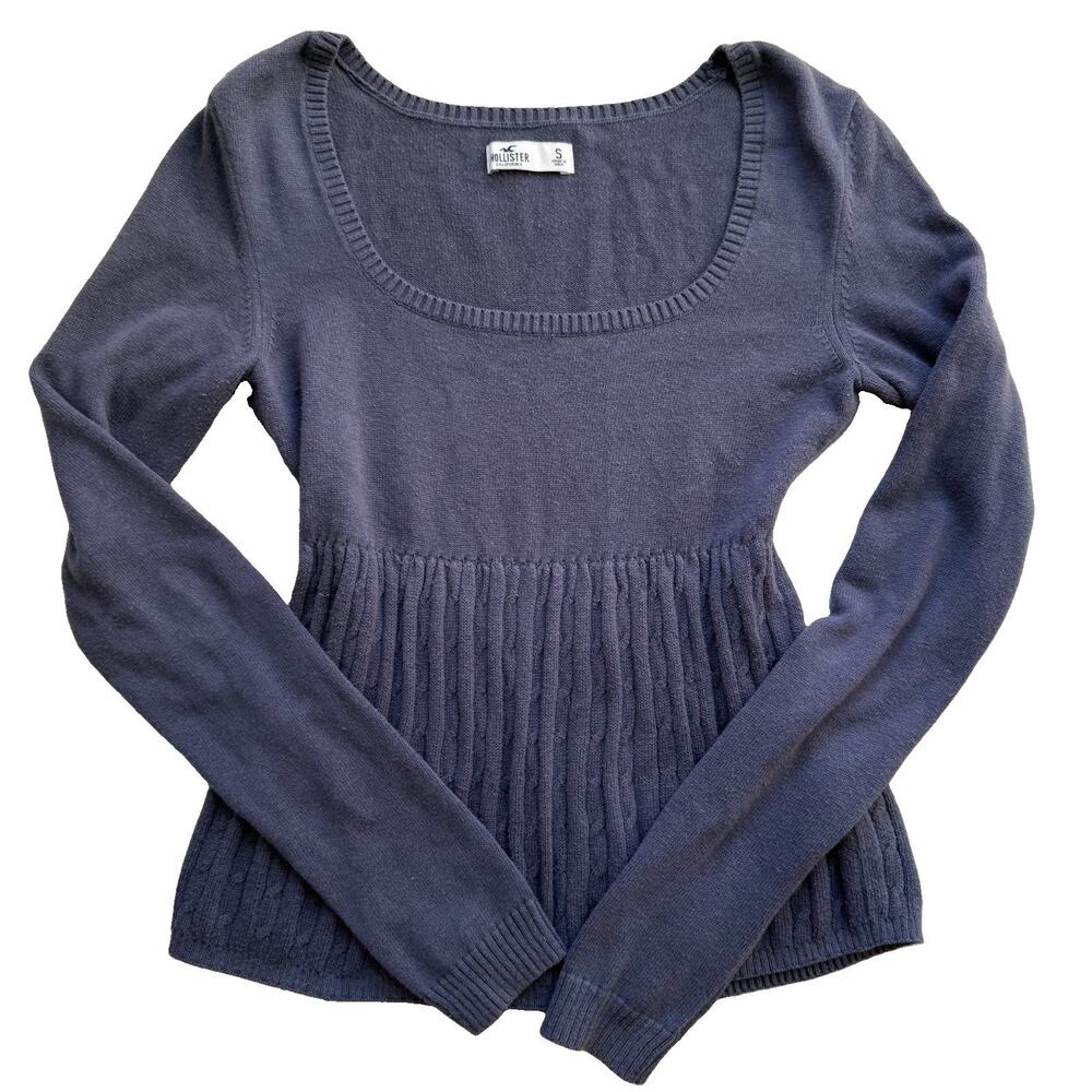 Hollister Cable Knit Sweater Blue Gray Babydoll Square Neck Y2K Bella Swan Small